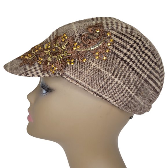 SCALA PRONTO Women's Wool Blend Houndstooth Jeweled Flat Cap Newsboy Cap - Picture 4 of 10